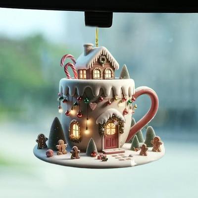 Christmas Decor Coffee Cup Ornaments 2D Acrylic Flat Christmas Snow Houses Chocolate Mug Pendant  Christmas Tree Pendant