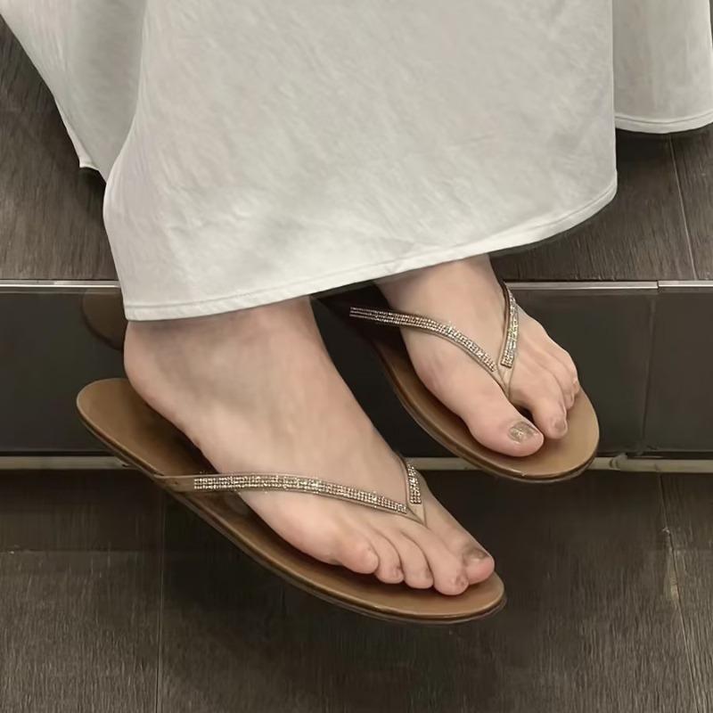 Sheepskin version~ Genuine leather rhinestone flat-bottomed flip-flops women's outer wear pinch slippers niche cool slippers