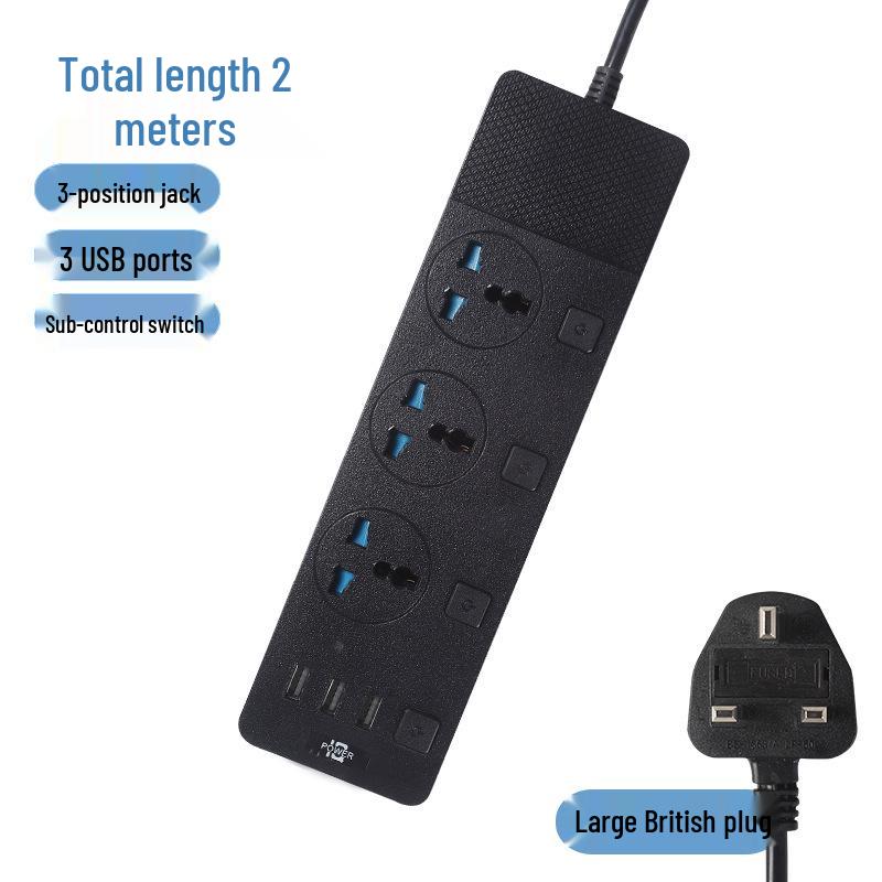 Multinational Power Strip: UK, EU, US Sockets with USB Converter & HK Plug Extension Cord