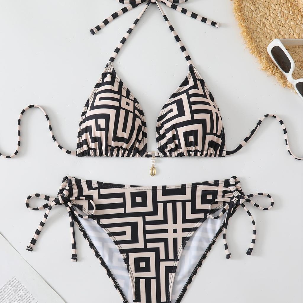 1011 European and American Print Lace-up Sexy Bikini Suit Backless Swimsuit Women's Beach Hot Spring Swimsuit Tight