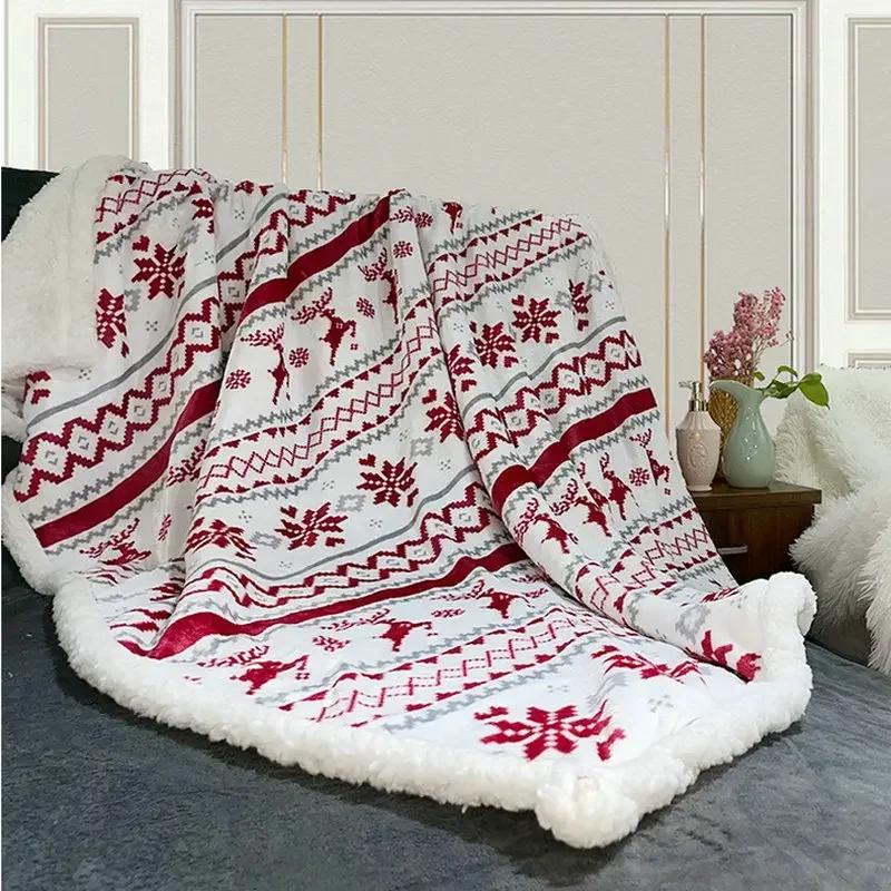 Thicked Elk 3D Printing Flannel Blanket Merry Christmas Throw Blanket Soft Warm Double Layer Fluffy Snowflake Blanket
