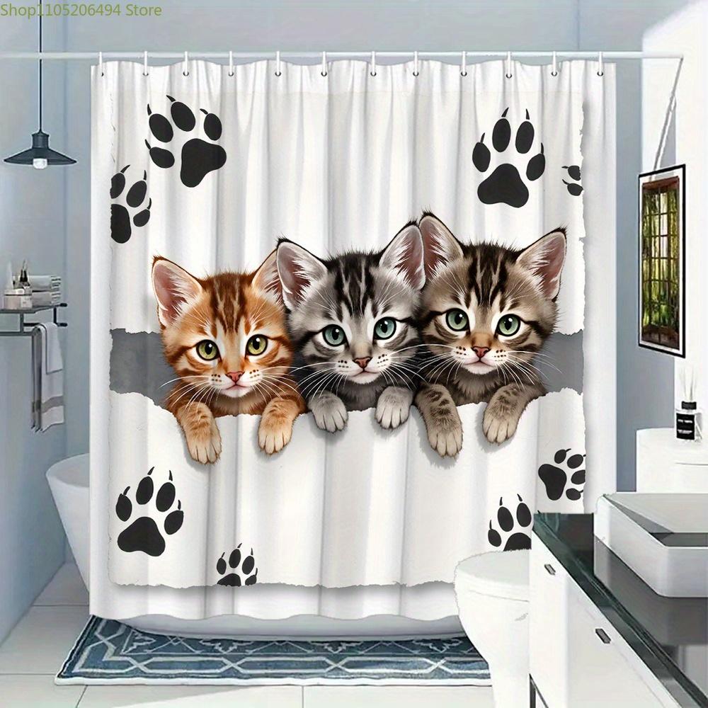 1pc Adorable Kitten Shower Curtain - Realistic Orange, Gray, and White Kittens Peeking Through Torn Paper with Playful Paw Pri