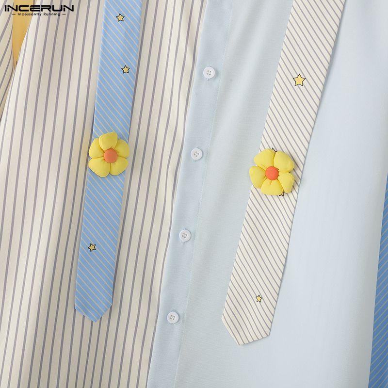 INCERUN Oversized Men Lapel Neck Long Sleeve Striped 3D Flowers Casual Loose Shirts