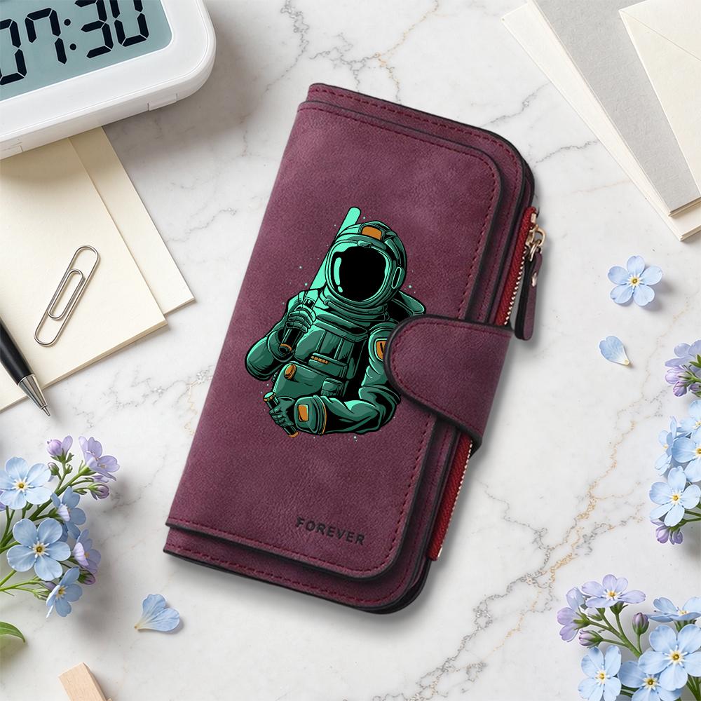 Fashion Astronaut Print Long Wallet PU Leather Multi Card Holder Portable Purse for Daily Use