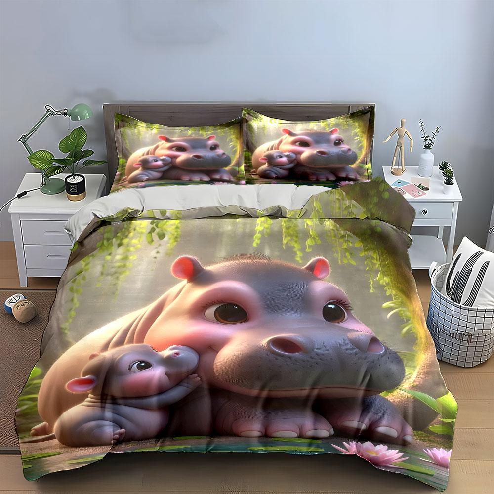 Cute Hippo Family Bedding Set Bedding Duvet Cover Set Duvet Cover Pillowcases (1 * Duvet Cover 2 * Pillowcases, without duvet insert)