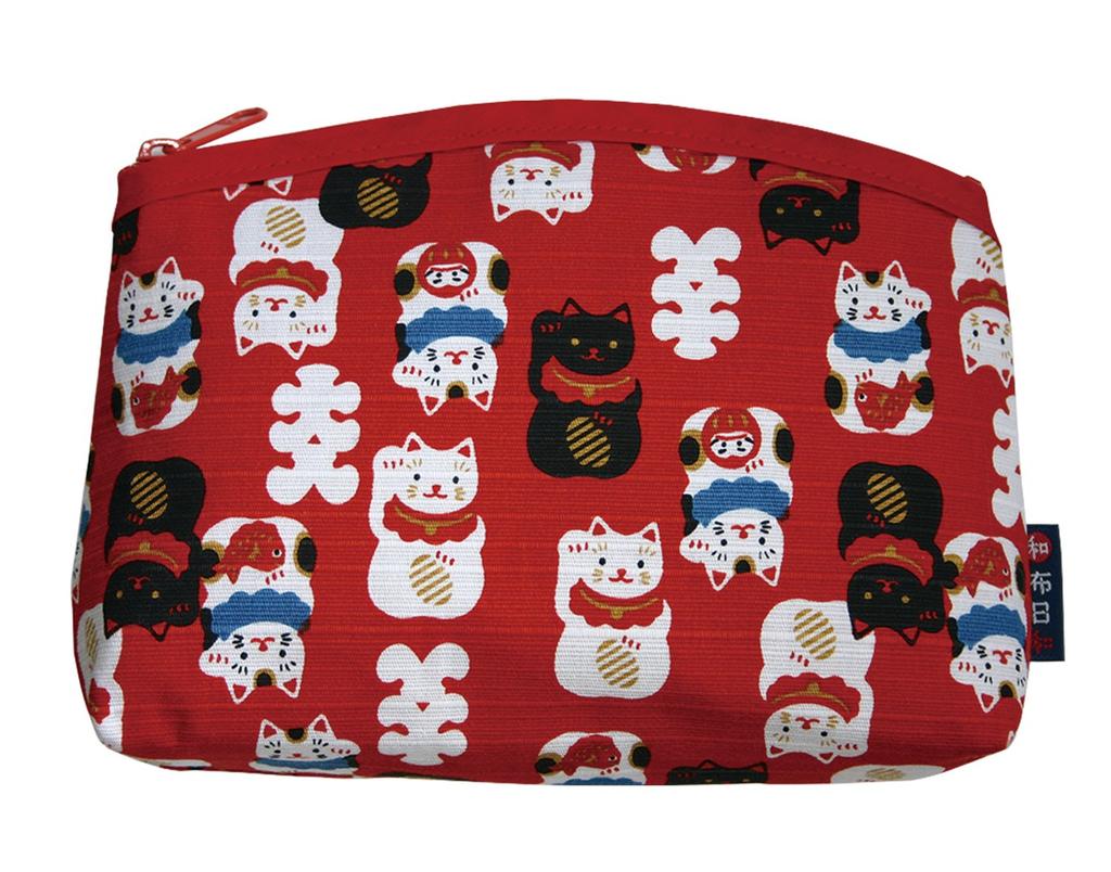 Wafubiyori Fun Japanese Pattern Bottom 111899 Maneki-neko Pouch, Red,