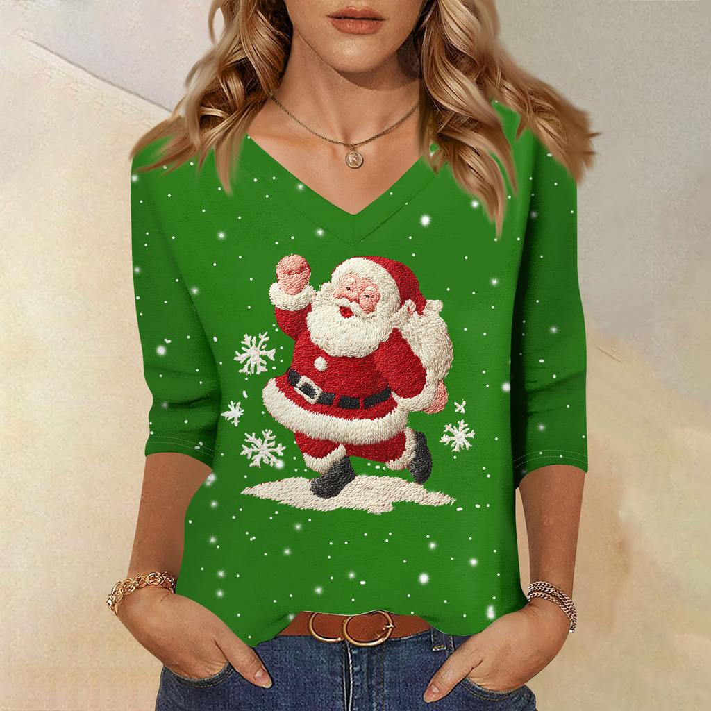 3/4 Sleeve Shirts For Women Print Christmas Tees Blouses Casual Plus Size Basic Tops Pullover