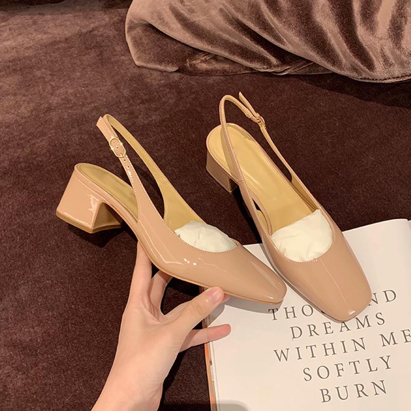 Cowhide version bag head sandals female 2025 new fairy style gentle square head leather medium high heel thick heel empty single shoes