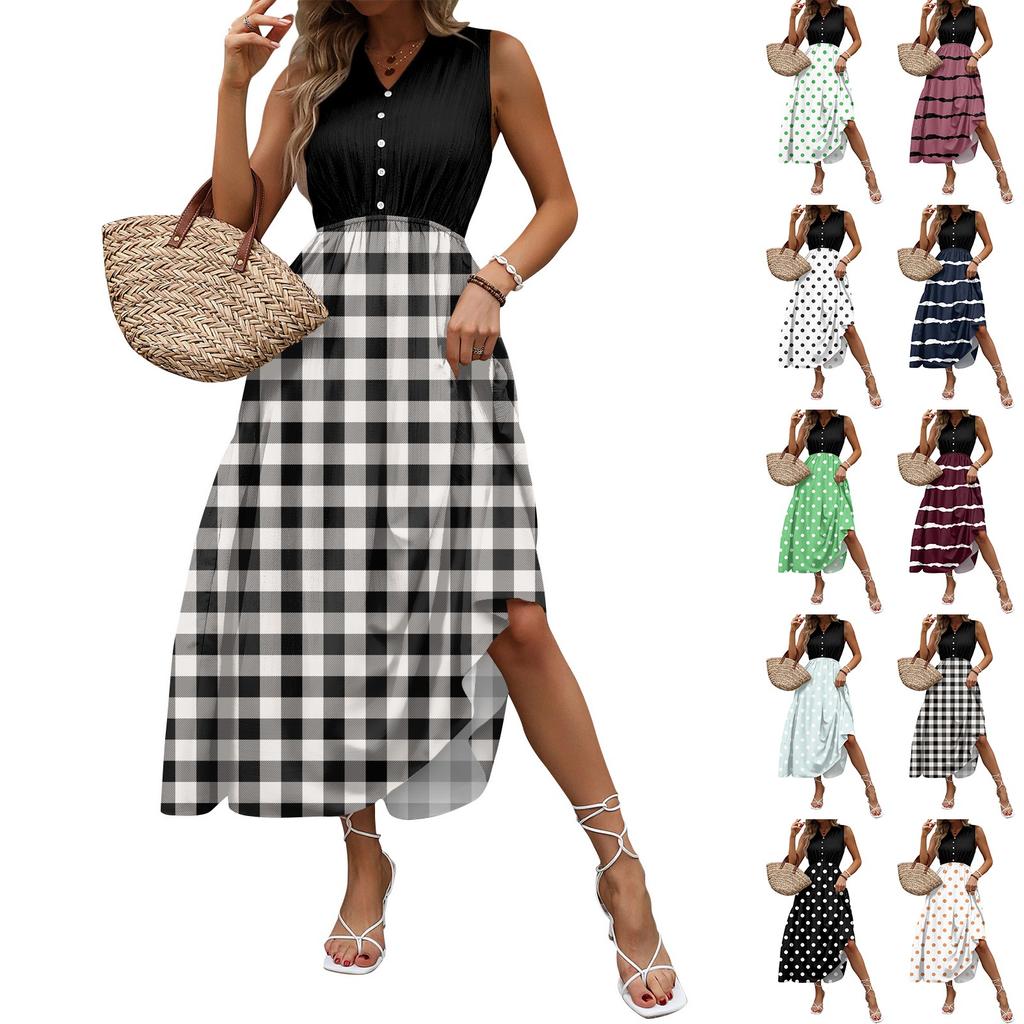 Dámské ležérní a módní šaty střední délky bez rukávů s potiskem a výstřihem do V