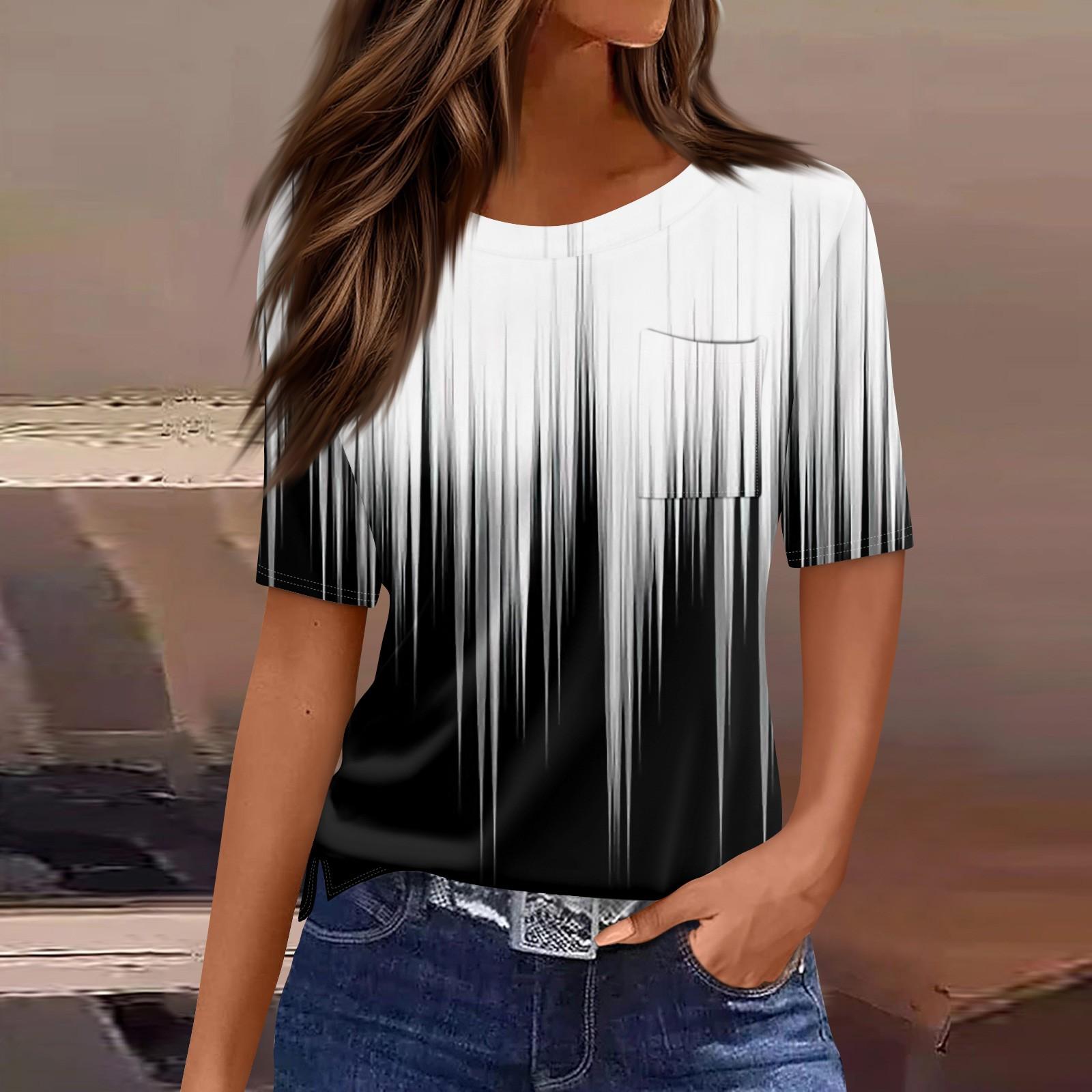 

Футболки для женщин, плиссированные, с круглым вырезом, нарядные, повседневные, блузки с принтом, с коротким рукавом, летние топы, свободный крой XL