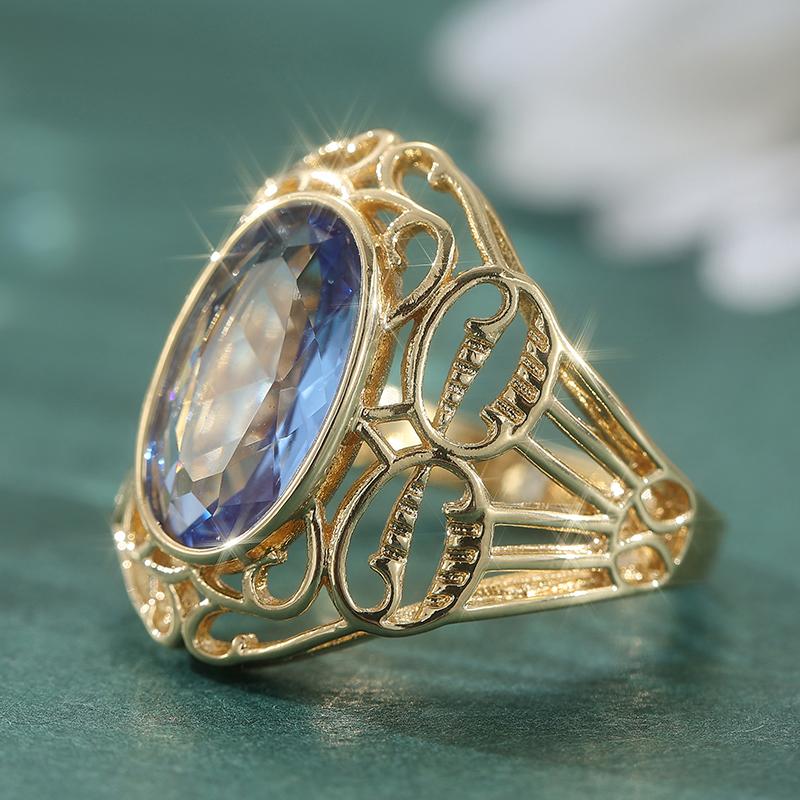 Retro Oval Copper Material Inlaid With Blue Synthetic Zircon Ring Women's Fashionable Golden Court Style Ring Jewelry