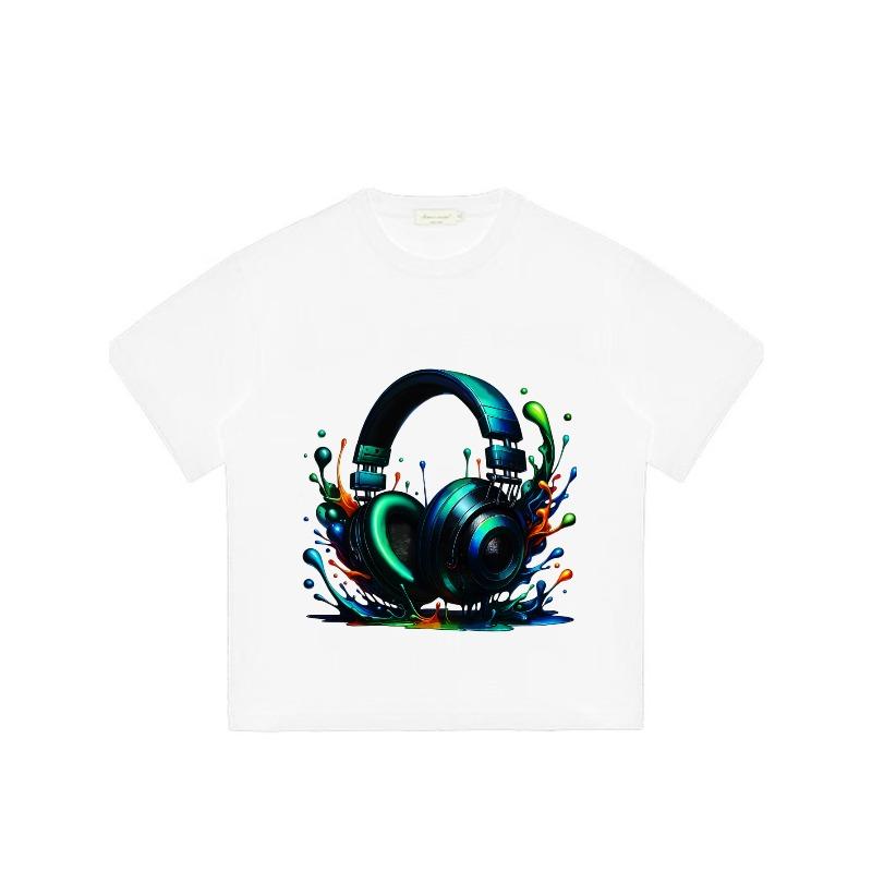 Black T Shirt with Colorful Headphones Splash Design for Music Lovers and Casual Wear