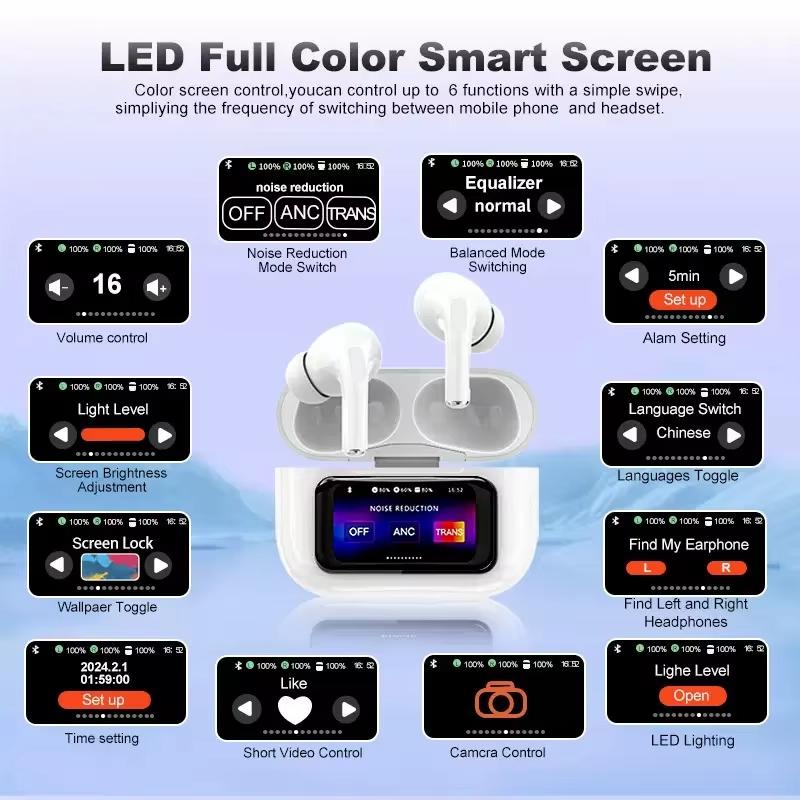 Nowe Kolorowe Ekran Dotykowy Słuchawki Bezprzewodowe Bluetooth 5.4 Aktywna Redukcja Szumów Słuchawki Douszne Wyświetlacz Mocy Zestaw Słuchawkowy do Gier Sportowych