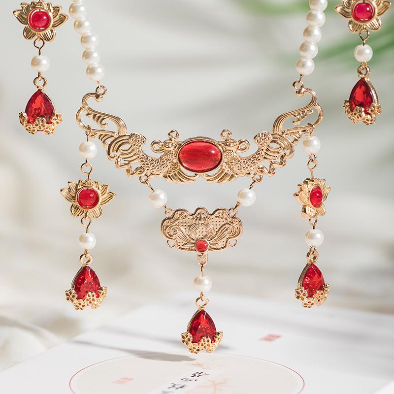 Hanfu Yingluo Necklace Ancient Style Soft Yingluo Tang Style Song Dynasty Accessories Red Water Drop Pendant Chinese Style