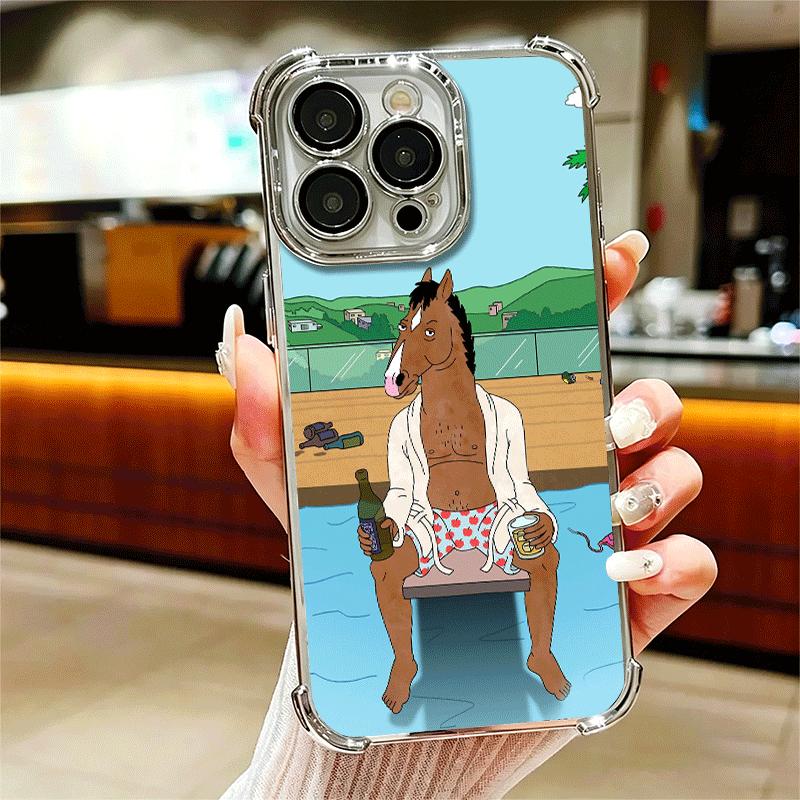 B-BoJack H-Horseman Funny Plating Phone Case For Iphone 16 17 Pro Max Air 16E 14 15 Plus 12 13 Mini Anti-Fall Airabag Cover