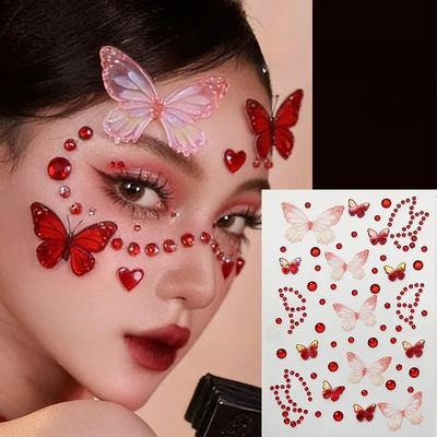 1 Folha Adesivos Coloridos de Rosto de Borboleta para Crianças Olhos Maquiagem Facial Decalques de Gema de Rosto de Borboleta Adesivos de Tatuagem Redondos de Diamante de Cristal
