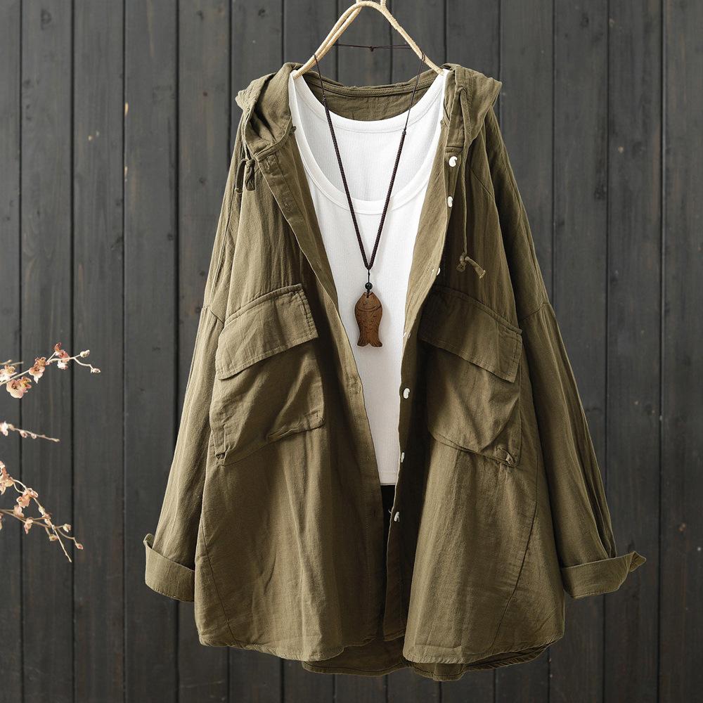 Cotton Yarn Hoodies Cardigan for Women Spring Japan Style Hooded Short Long Solid Shirts and Blouse Big Size Tops