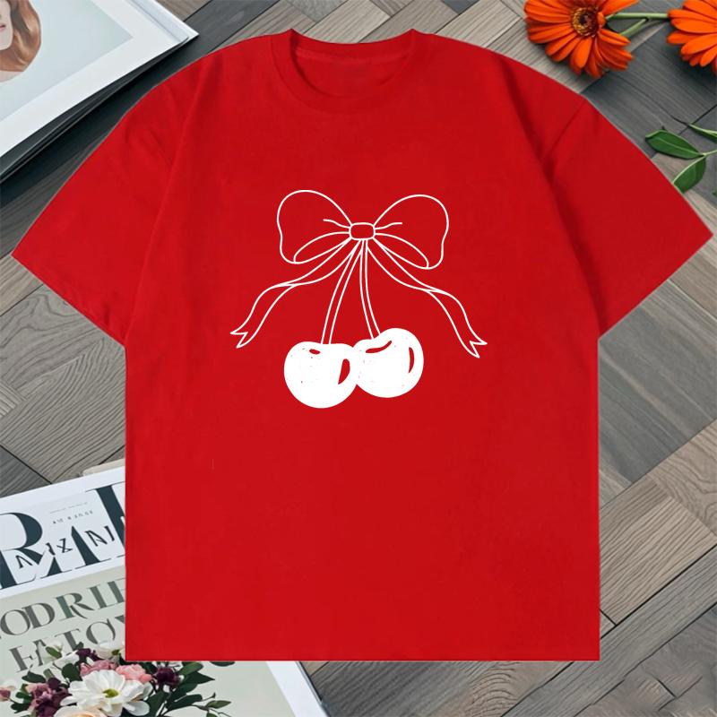 High Quality Bow Cherry Graphic Print Harajuku Tee shirt 100 Cotton Unisex Women short sleeve Trend Tshirts Crew Neck Unisex Tops S