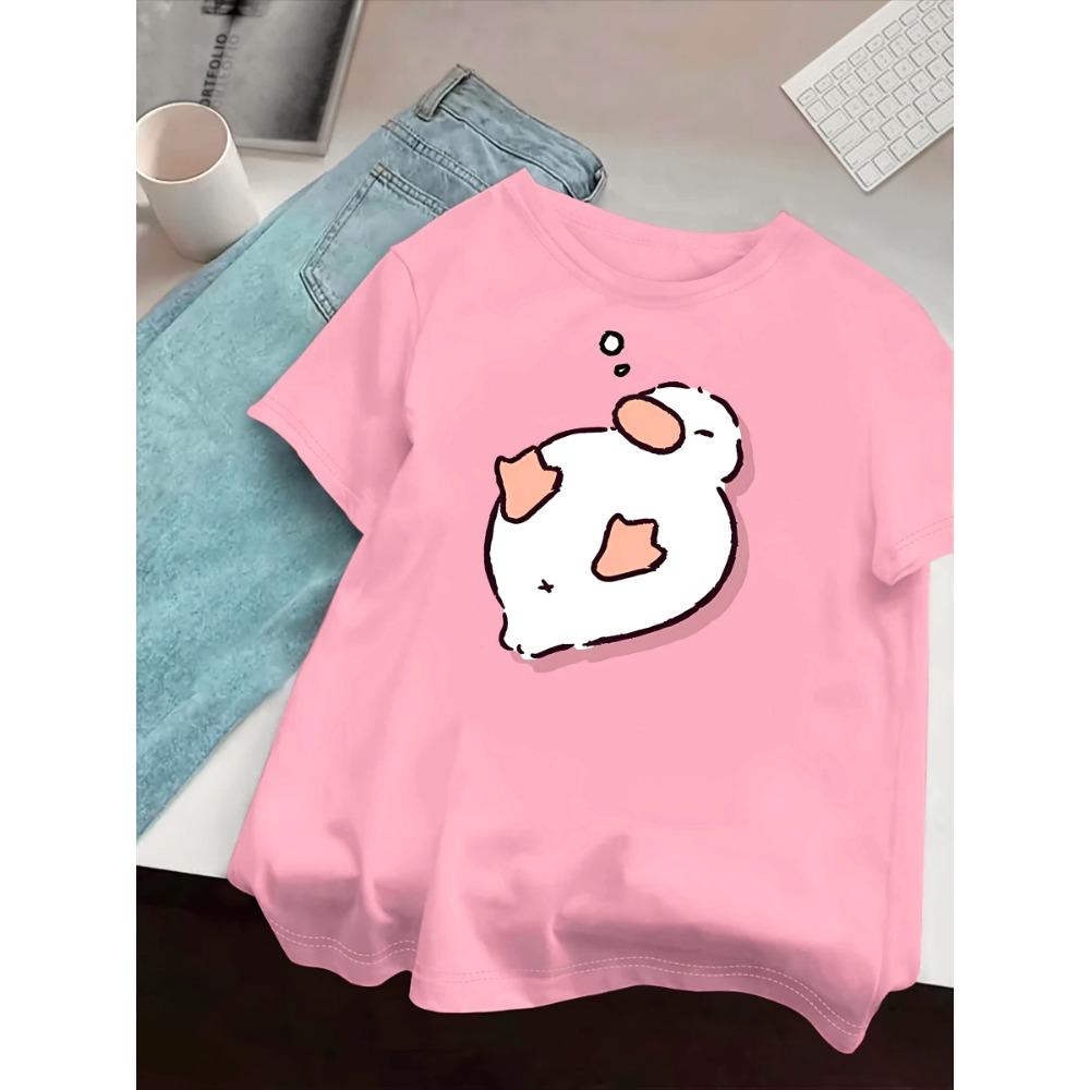 Women's T-shirt Short Sleeved Cute Sleeping Duck and Zzz Pattern Creative Print Summer Round Neck T-shirt Clothes