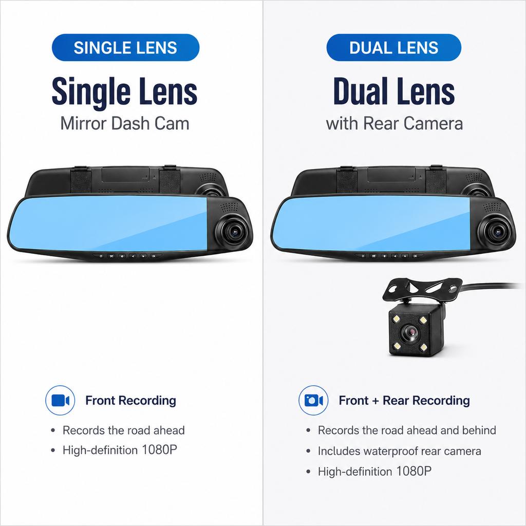 Cameră de bord tip oglindă 4,3 inch Opțiune lentilă unică sau dublă Înregistrare față-spate DVR Auto Viziune nocturnă Cameră de rezervă pentru marșarier