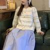 Spring new color striped hollow round neck knitted cardigan retro literary top jacket wear