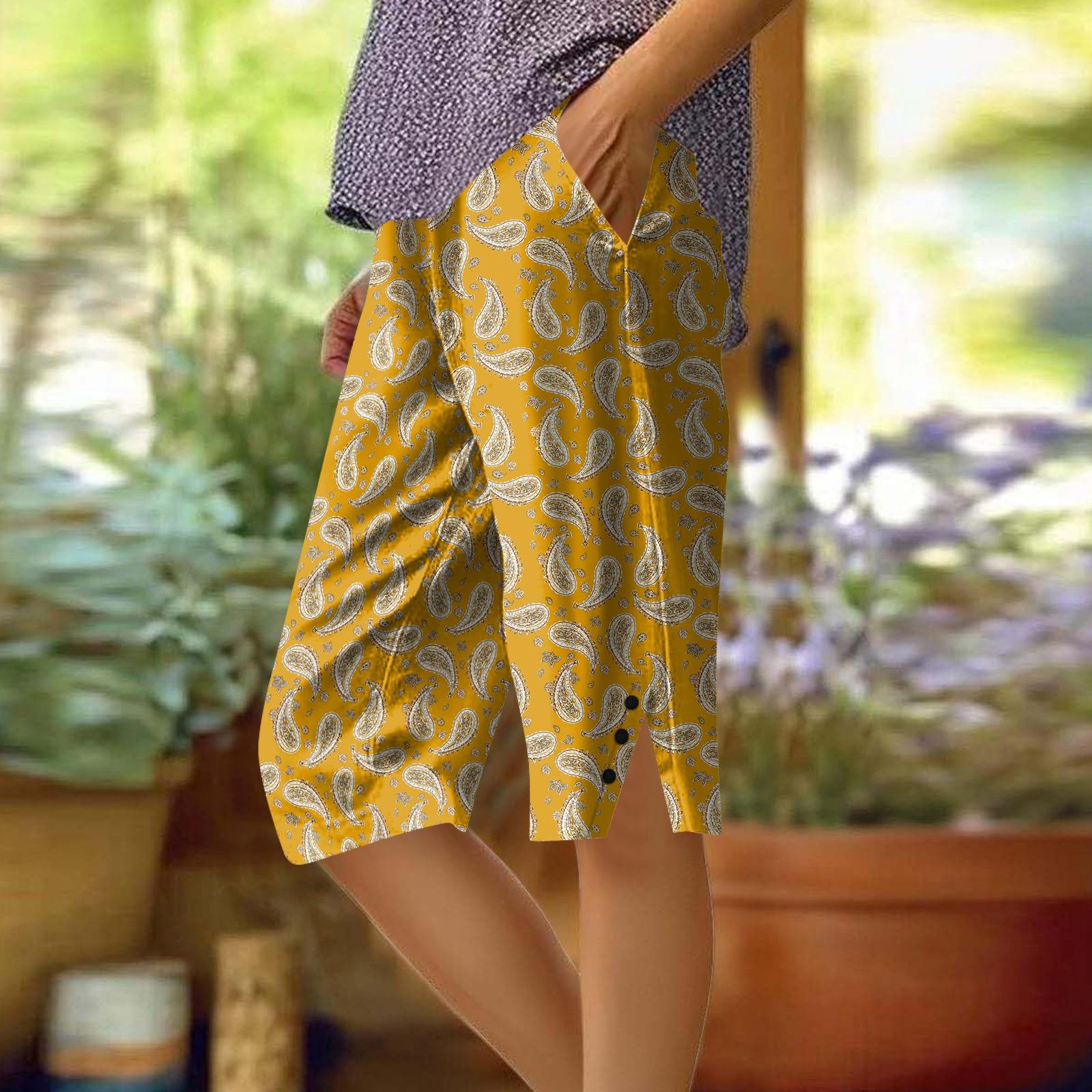 

Women s Printing Pants Fashionable Pocket Elastic Waist Casual Shorts XL жовтий