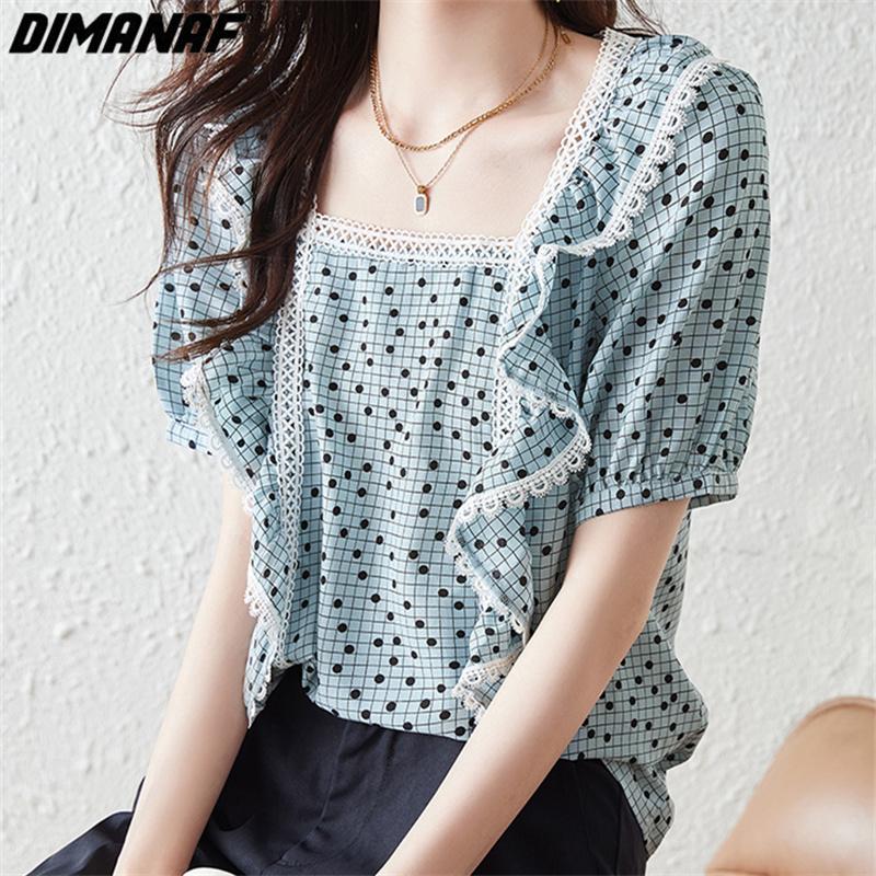 

DIMANAF 2023 футболка новый летний стиль точечный принт кружево повседневные оборки женские свободные футболки с круглым вырезом