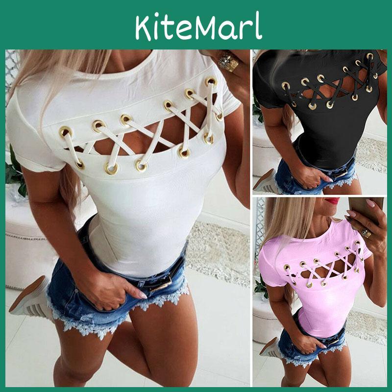 Chic Sexy Ladies Women's Short Sleeve Cross Lace Up Bodycon Blouse Tops Slim T-shirt