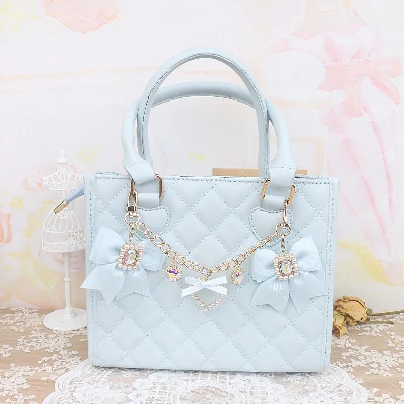 Handmade Bow Pearl Rhinestone Heart Pendant Charm Bag Accessories Japanese Sweet Lolita Style DIY Bag Chain Decoration