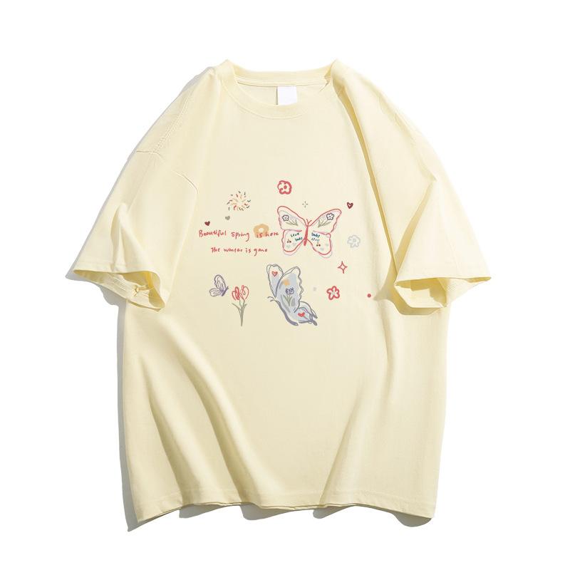 Flower gray American ins trendy brand butterfly short-sleeved T-shirt women's summer new pure cotton design sense niche fat MM top