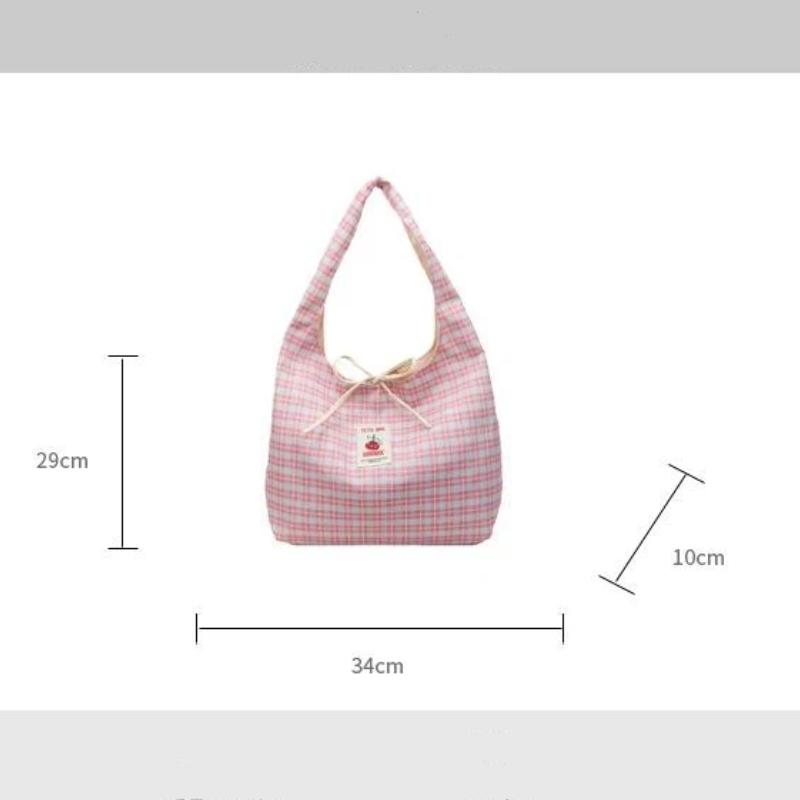 Plaid Shoulder Tote Bag With Cute Bow Decor Large Capacity For Daily Shopping School Commute
