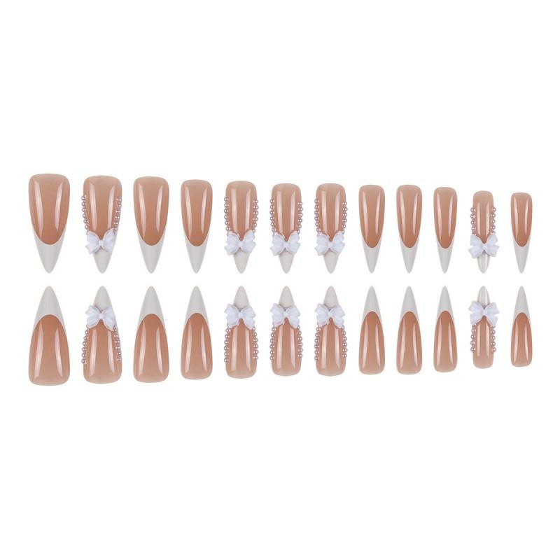 24 Stuks Franse Witte Strik Tip Press-On Nagels Vrouwen Lange Puntige Acryl Nagels Kunst Zoete Edgy Stijl