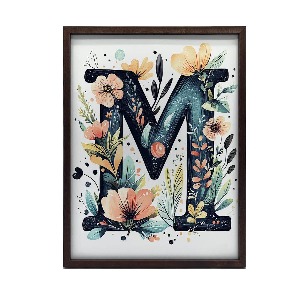 Plakat Z Literą M W Kwiaty I Liście Plakat Z Literą M W Kwiaty I Liście, 30X40 Cm, Bez Ramy, Płótno Premium Na Blejtramie