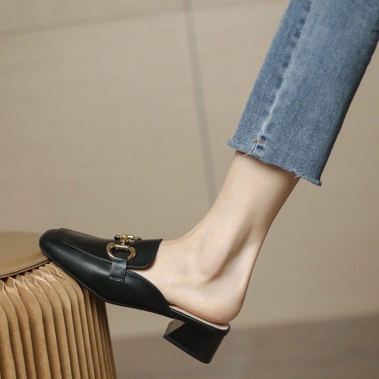 

[Оригинал] Женские весенние новые универсальные сандалии-мюли на толстом каблуке средней высоты с квадратным носком для улицы 35 чёрный