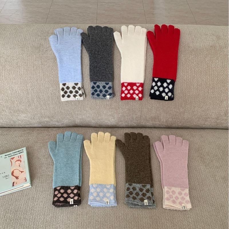 Fashion leopard print knitted wool warm gloves women's autumn and winter cold-proof thickened five-finger cycling gloves