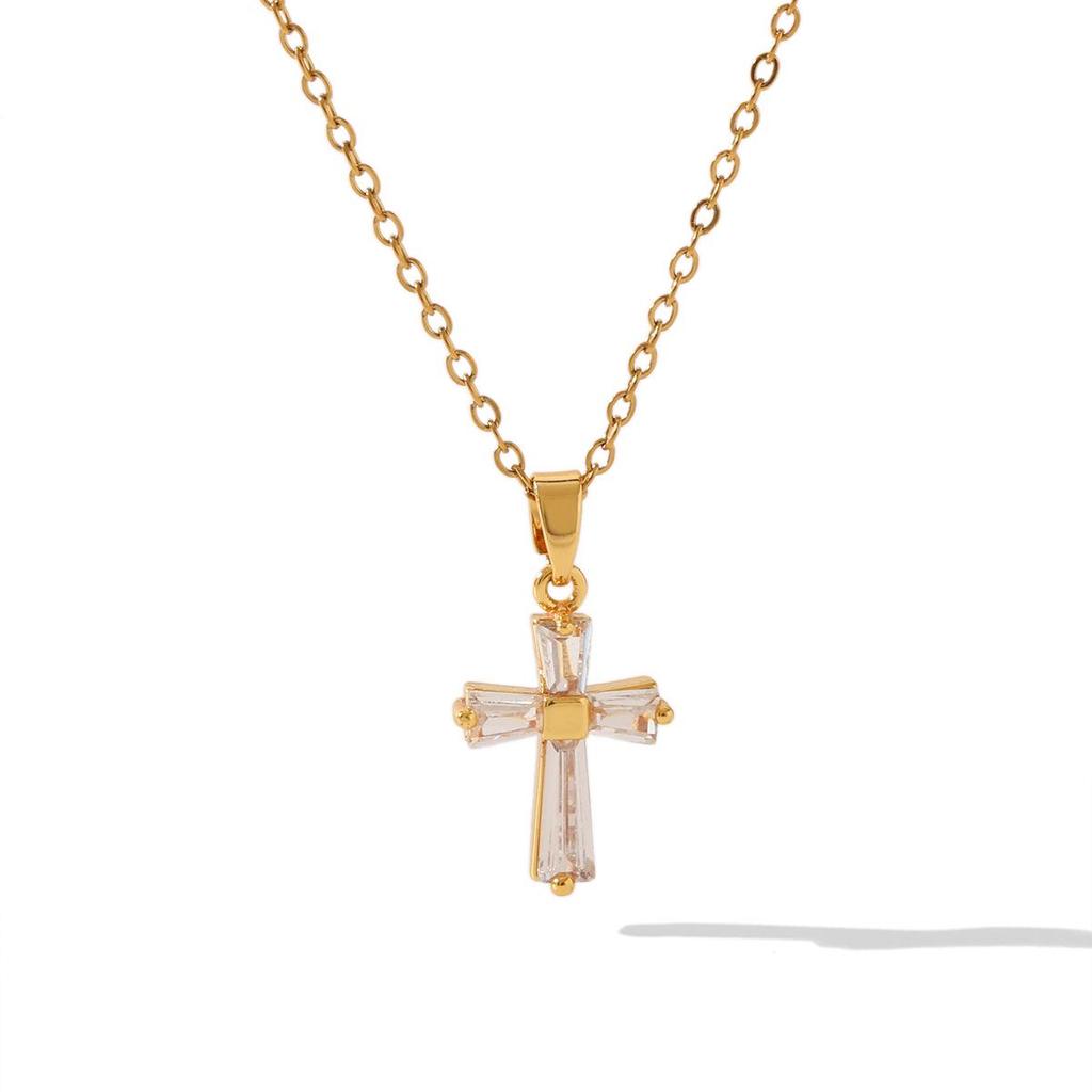 18K Gold & Zircon Cross Pendant Women's Necklace - Non-Fading Titanium Steel Choker