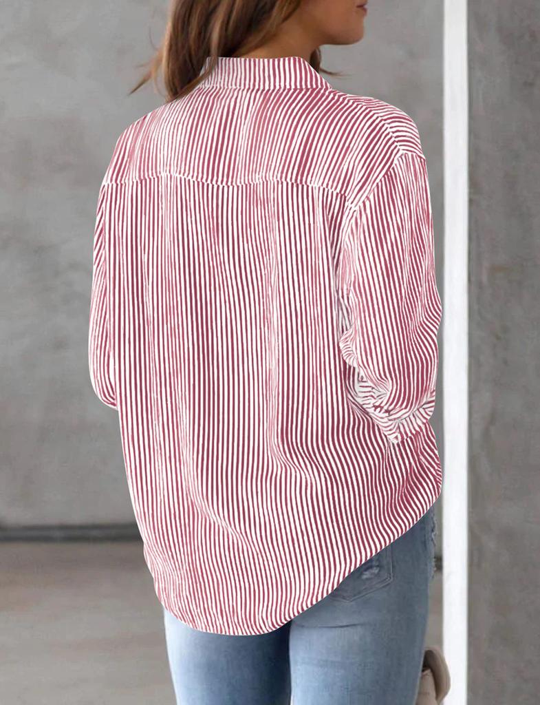Women's Striped Long Sleeve Collared Button-Down Shirt with Pocket