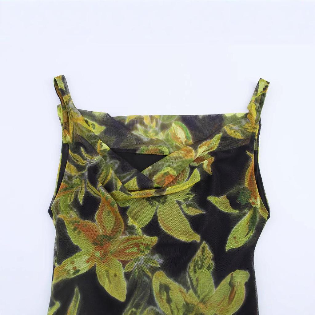 ZA Women's 2025 Summer Fashion Backless Silk Mesh Print Spaghetti Strap Dress