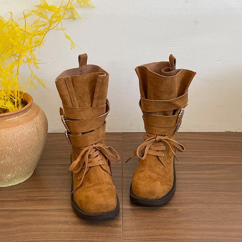 Thick-soled versatile belt buckle Martin boots women's spring and autumn new British style handsome retro mid-tube locomotive boots women's boots