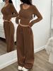 Women's Fashion Casual Wide Leg Pants Long Sleeve Crew Neck Solid Color Slim Fit Two Piece Set Autumn Winter Outfit