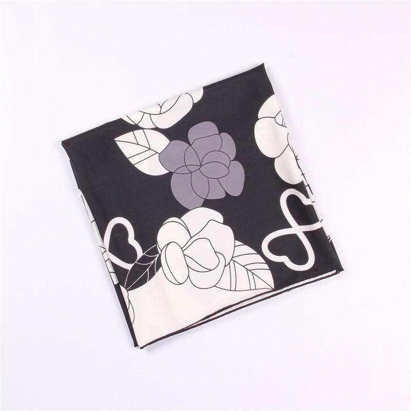 Manual Hand Rolled Twill Silk Scarf Women Flowers Print Square Scarves Wraps Echarpe Curled Foulards Femme Bandana Hijabs 90CM