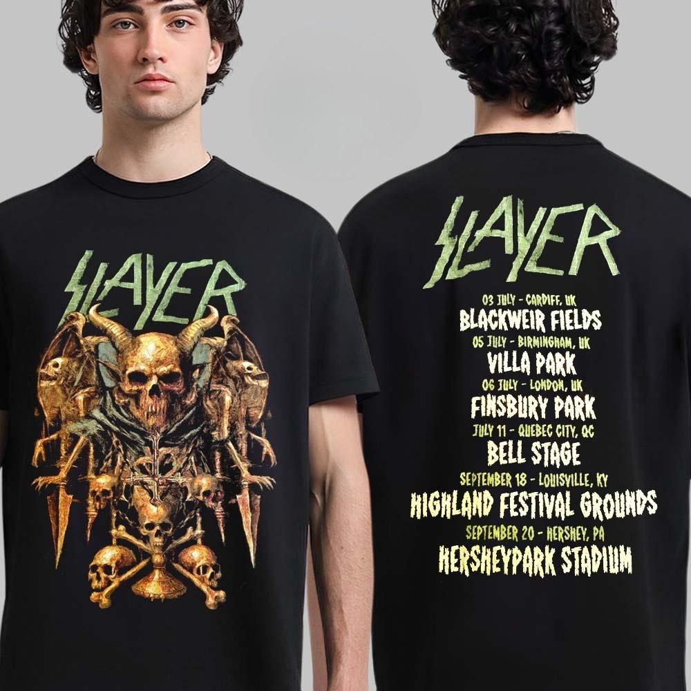 Seltene Slayer Abschiedstour Merchandise Skull Throne Kunst mit Tourdaten Beidseitiges T-Shirt High-End Luxus ist für Männer und Frauen Top Y2k