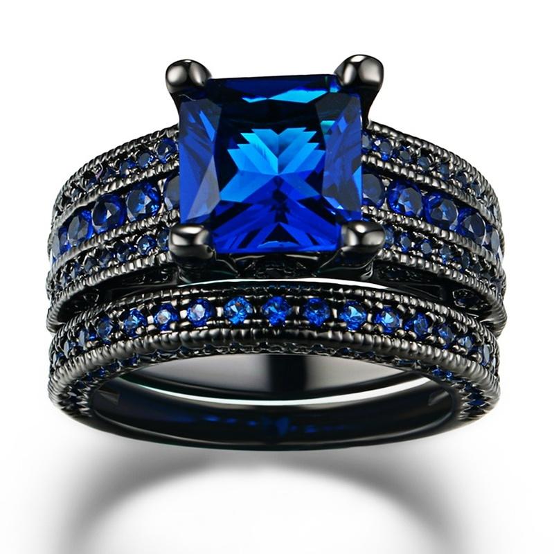 Black Gold Rhinestone Princess Cut Black Or Blue Cz Wedding Engagement Band Bridal Rings Set Size 5 -12