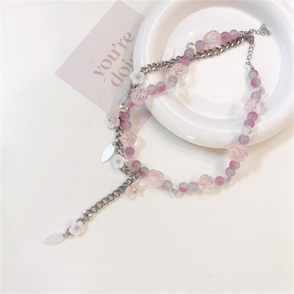 Tooxika Crushed Ice Coloured Pastel Crystal Beaded Flower Patchwork Necklace Niche Sweet Cool Choker Collarbone Chain