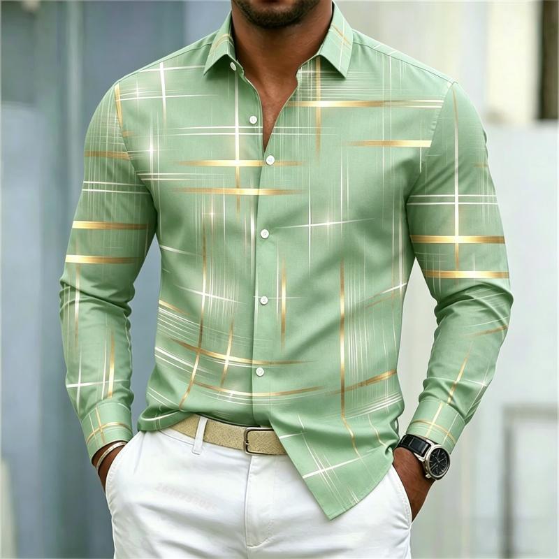 2026 Men's Shirt with Fashionable Printed Lines, Checkered Long Sleeved Shirt, Lapel, Slim Fit, Business Casual Men's Shirt