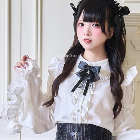 Jirai Kei Prinses Mouwen Strik Kant Blouse Gothic Lolita Donker Set Zwarte Hoge Taille Rok Dames Zoete Kawaii Stijl Japanse Stijl S