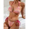 Sexy Pink Plaid Micro Bikini Women Halter Push Up Bra Tie Side Thong Swimsuit Summer Bathing Suit Holiday Swimwear Biquini