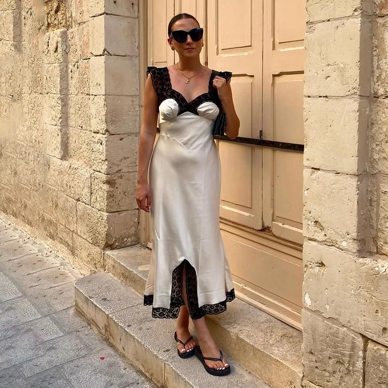 Lace Hollow Satin Long Dress Women Satin Sexy Off Shoulder Ruffle Slit Maxi Dresses Party Club Elegant Evening Dress