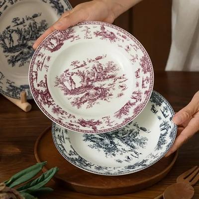 Retro French Style Ceramic Plate Light Luxury Restaurant Pasta Plate Home Afternoon Tea Dessert Fruit Plates Exquisite Tableware