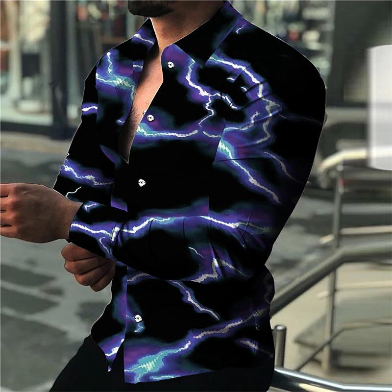 Men's Long-sleeved Shirt with Trendy Purple Lightning Flash Print Design, Stylish and Casual Open-front Top, Sizes